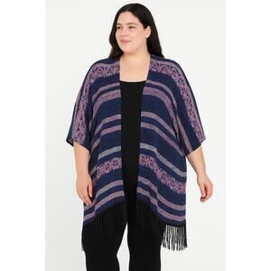 Swimsuitsforall Multicolor Patterned Fringe Hem Open Front Kimono Cardigan 18/20
